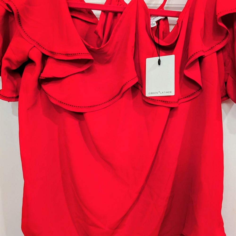 Gibson Latimer Vibrant Red Ruffle Blouse